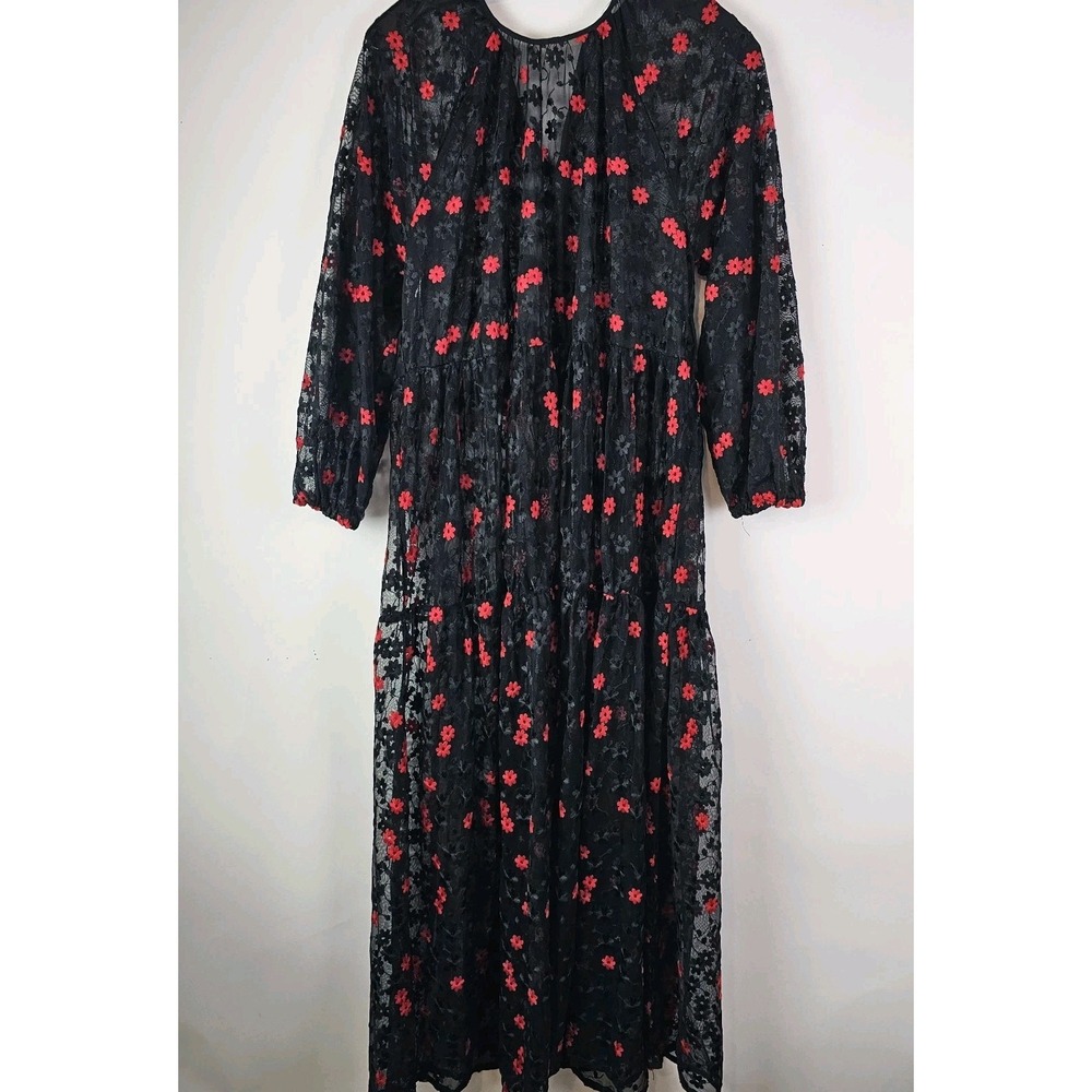Zara Floral Oversized Long Sleeve Black Red Maxi Dress Sheer Lace Flowers XS - Picture 1 of 8